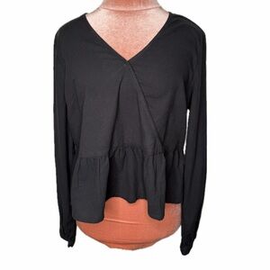 a.n.a Faux wrap Ruffle 100% Cotton Long Sleeve Top Black Size Medium